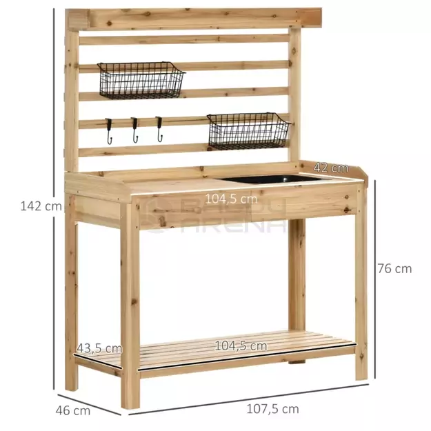 Medinis sodinimo stalas su kriaukle 107,5 x 46 x 142 cm