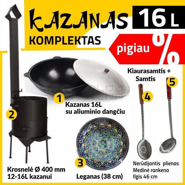 Komplektas: Krosnelė 3mm – Kazanas 16L – Leganas – Samtis – Kiaurasamtis