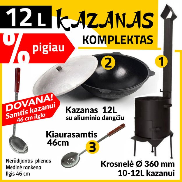 Komplektas: Krosnelė kazanui 12L / Namangan kazanas 12L / Kiaurasamtis ir samtis 46 cm