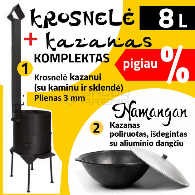 Kazanas su krosnele, 8 L (kazanas apvalus Namangan) ir 360 mm krosnelė (plienas 3 mm)