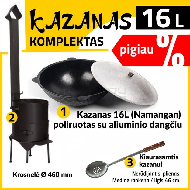 Komplektas: Krosnelė kazanui d460, 3mm + Uzbekiškas kazanas 16L Namangan (išdegintas, poliruotas) | plokščias dugnas + Kiaurasamtis