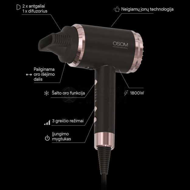 Plaukų džiovintuvas 1800W, juodas OSOM6800BLHD 8