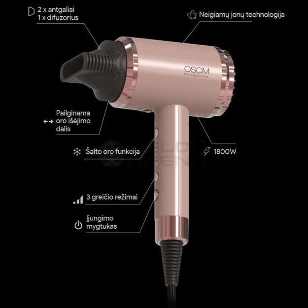 Plaukų džiovintuvas 1800W, rožinis OSOM6800RGHD 3