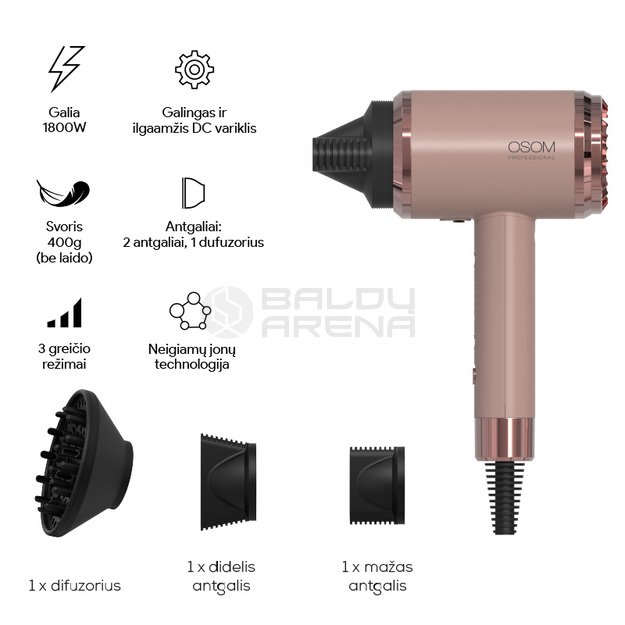 Plaukų džiovintuvas 1800W, rožinis OSOM6800RGHD 4