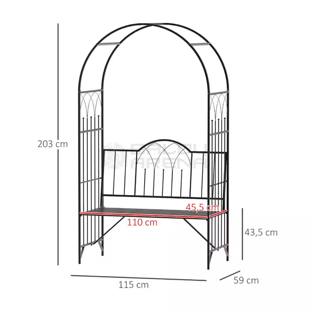 Metalinė rožių arka su suoliuku – juodas 121 x 50 x 203 cm