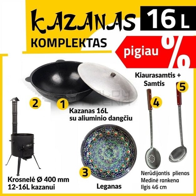 Komplektas: Krosnelė – Kazanas 16L – Leganas – Samtis – Kiaurasamtis