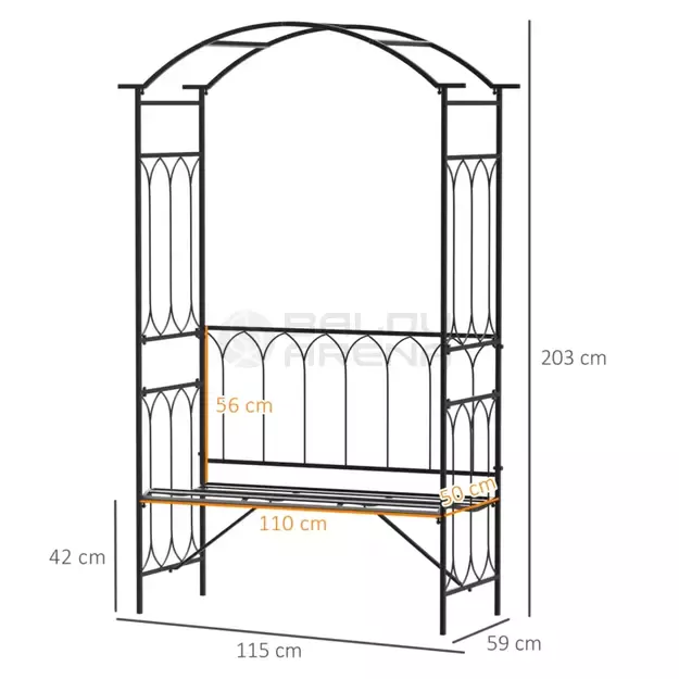 Metalinė rožių arka su suoliuku – juodas 115 x 50 x 203 cm