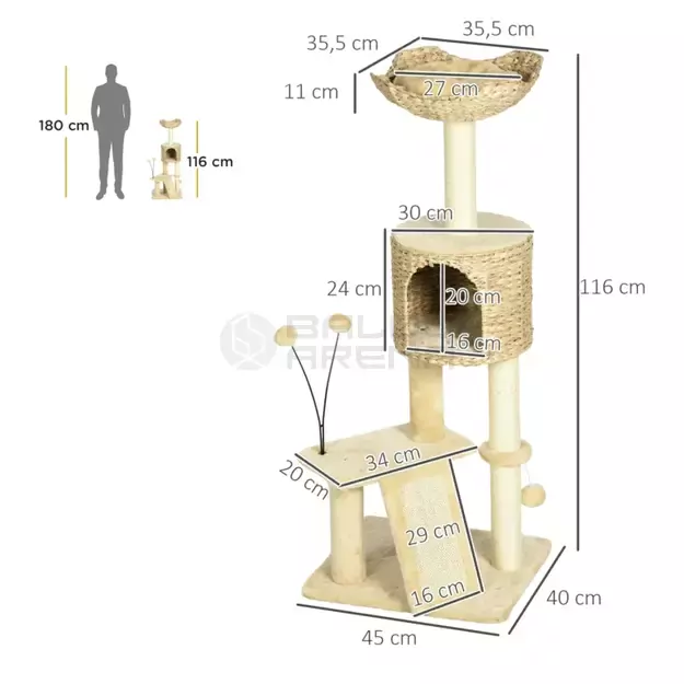 Kačių draskyklė su kačių urvu, smėlio spalvos 116 cm